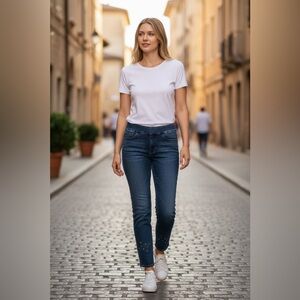 CHICO’S Blue Denim Cropped Jeans with Embellishments, size 12R